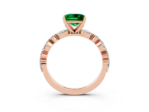 Rose gold Princess Cut Emerald Solitaire with Side Stones on a Pavé Band and Four-Prong Setting_3