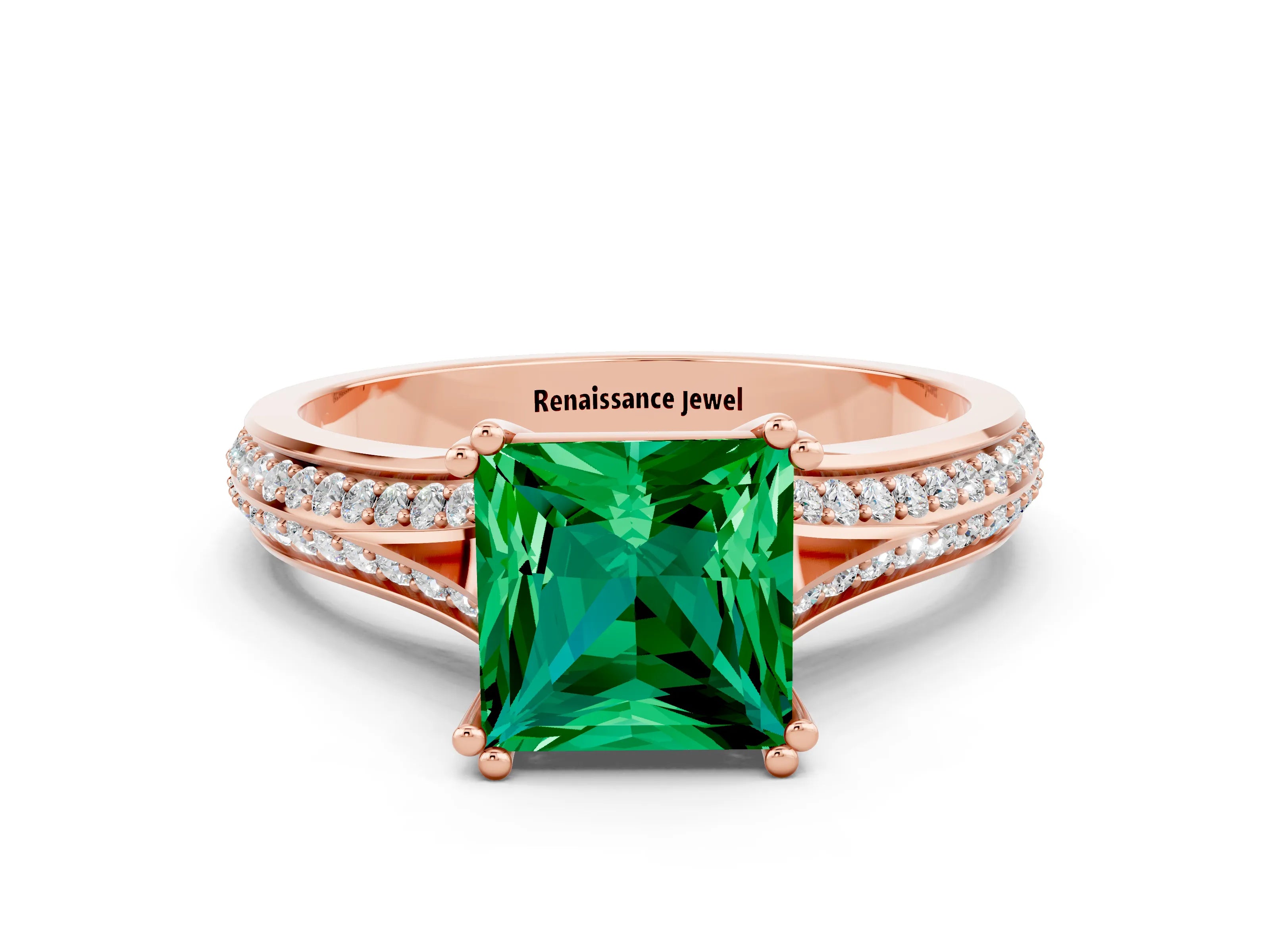 Rose gold Princess Cut Emerald Split Shank Engagement Ring with Pavé Band