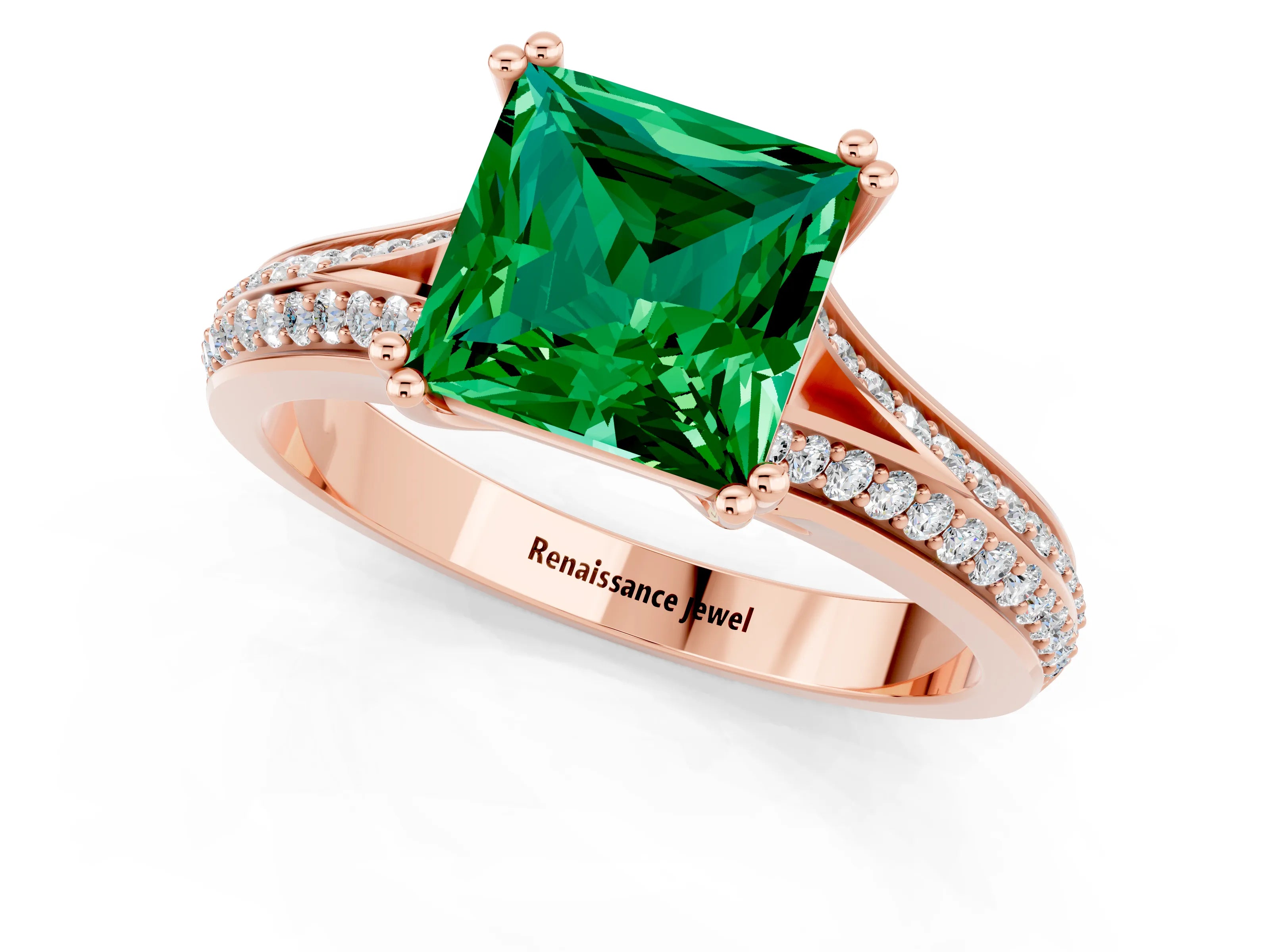 Rose gold Princess Cut Emerald Split Shank Engagement Ring with Pavé Band_1
