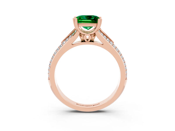 Rose gold Princess Cut Emerald Split Shank Engagement Ring with Pavé Band