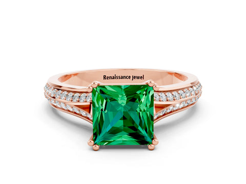 Rose gold Princess Cut Emerald Split Shank Engagement Ring with Pavé Band