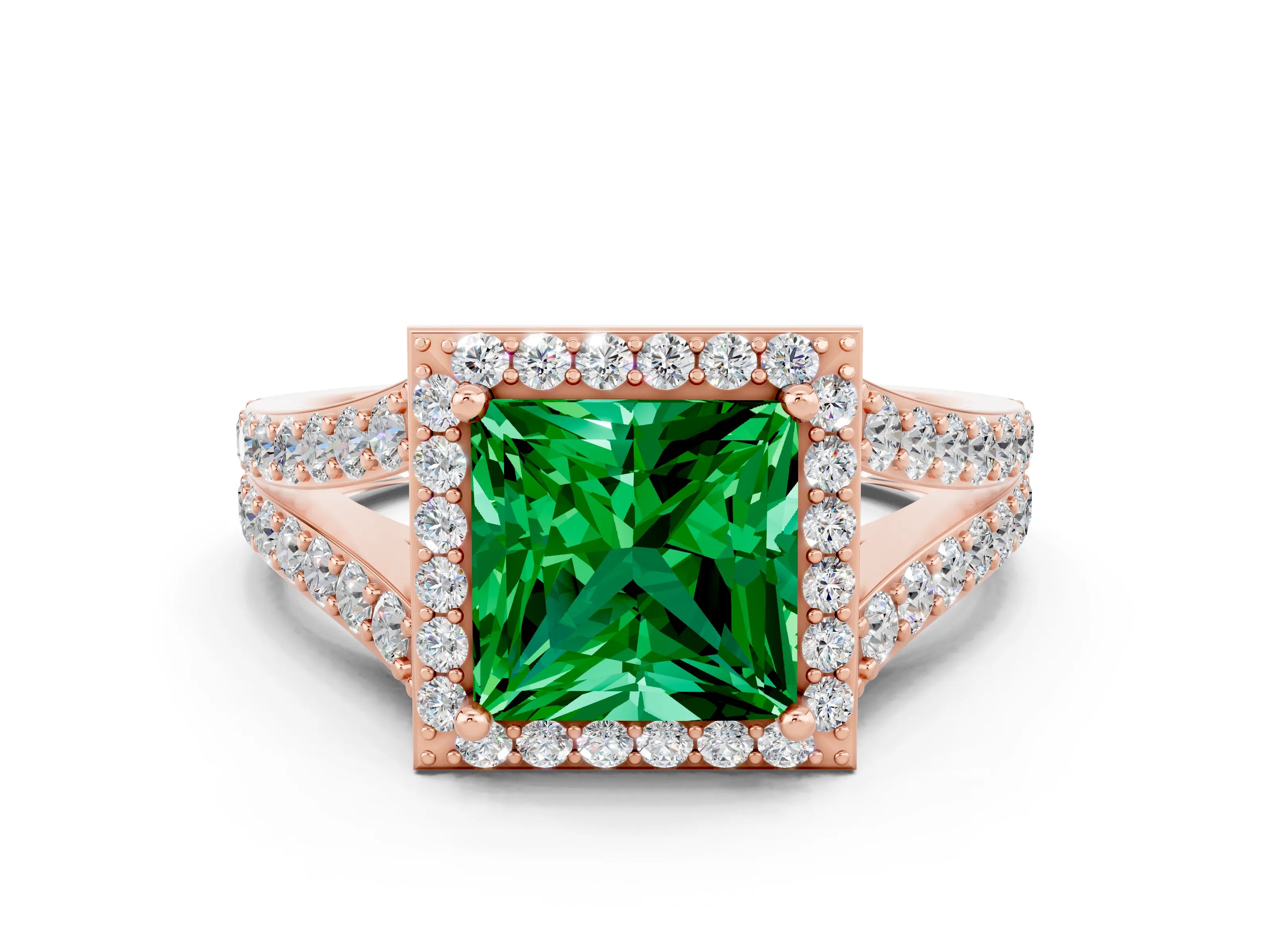 Rose gold Princess Cut Emerald Split Shank Halo Ring with Four-Prong Setting_12