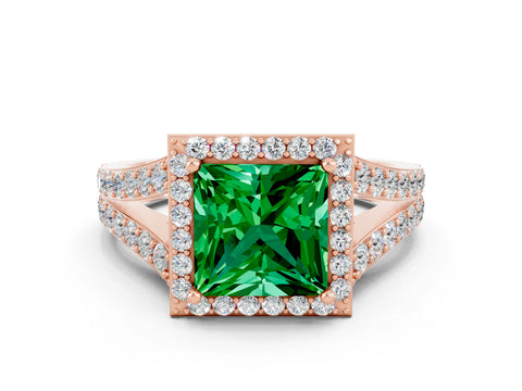 Rose gold Princess Cut Emerald Split Shank Halo Ring with Four-Prong Setting_12