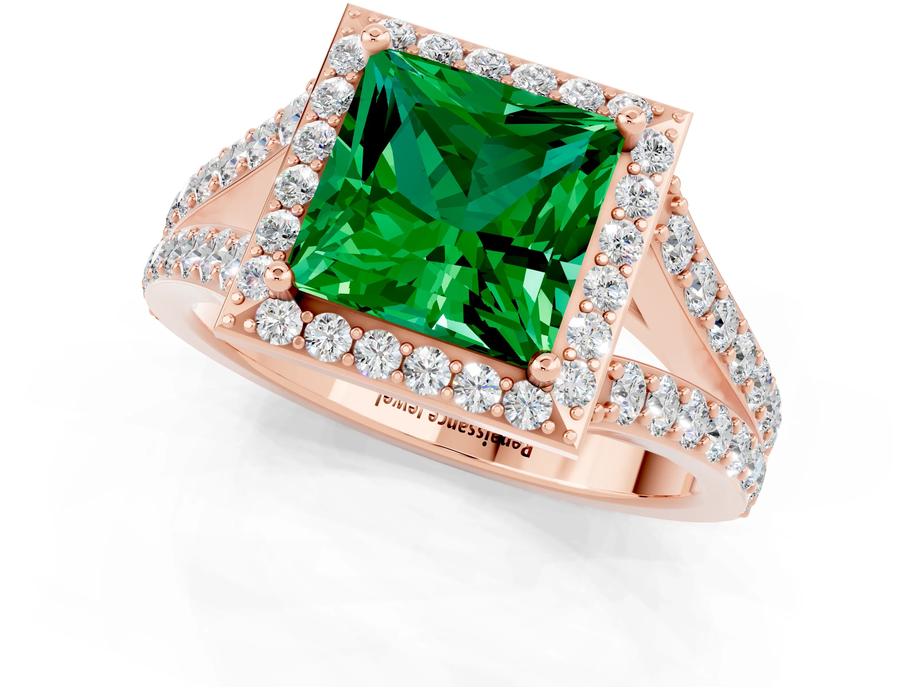 Rose gold Princess Cut Emerald Split Shank Halo Ring with Four-Prong Setting_13
