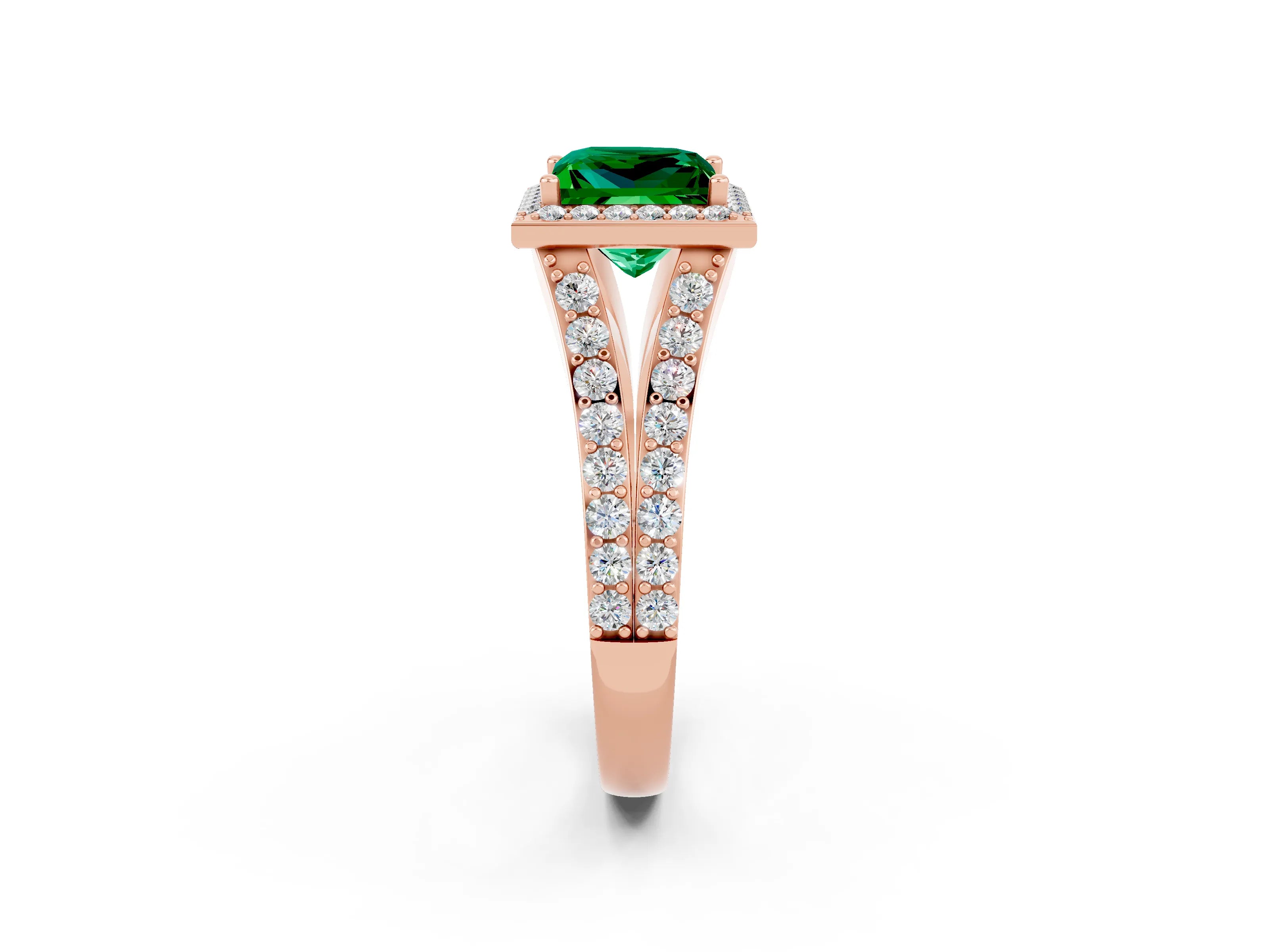 Rose gold Princess Cut Emerald Split Shank Halo Ring with Four-Prong Setting_14