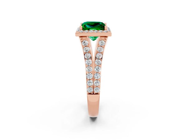Rose gold Princess Cut Emerald Split Shank Halo Ring with Four-Prong Setting
