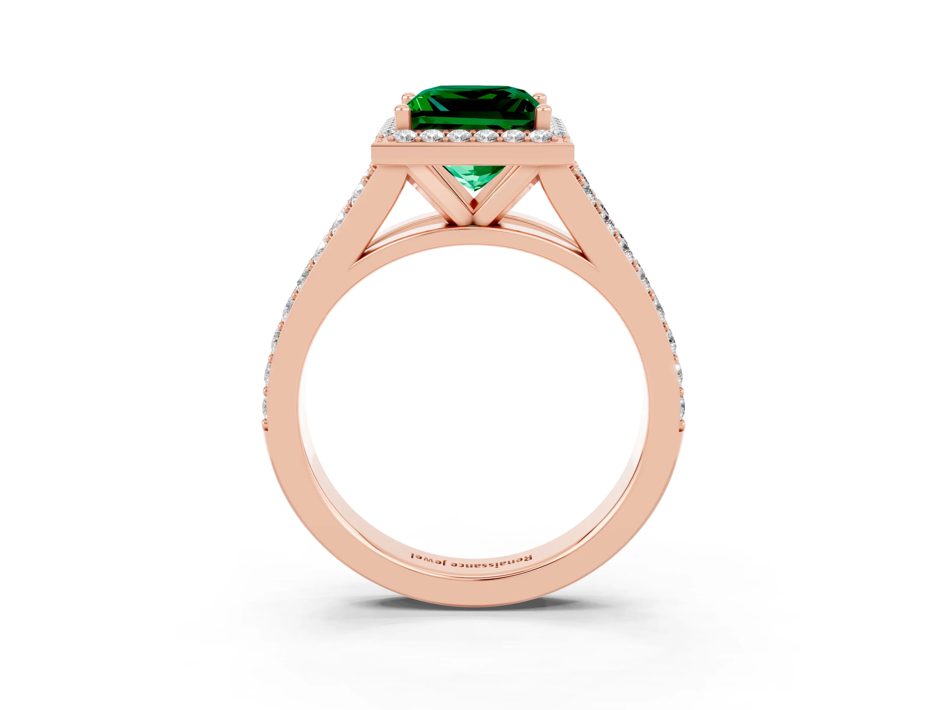 Rose gold Princess Cut Emerald Split Shank Halo Ring with Four-Prong Setting_15