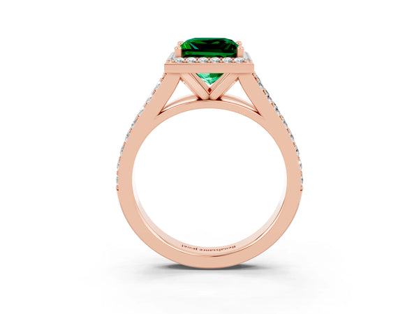 Rose gold Princess Cut Emerald Split Shank Halo Ring with Four-Prong Setting