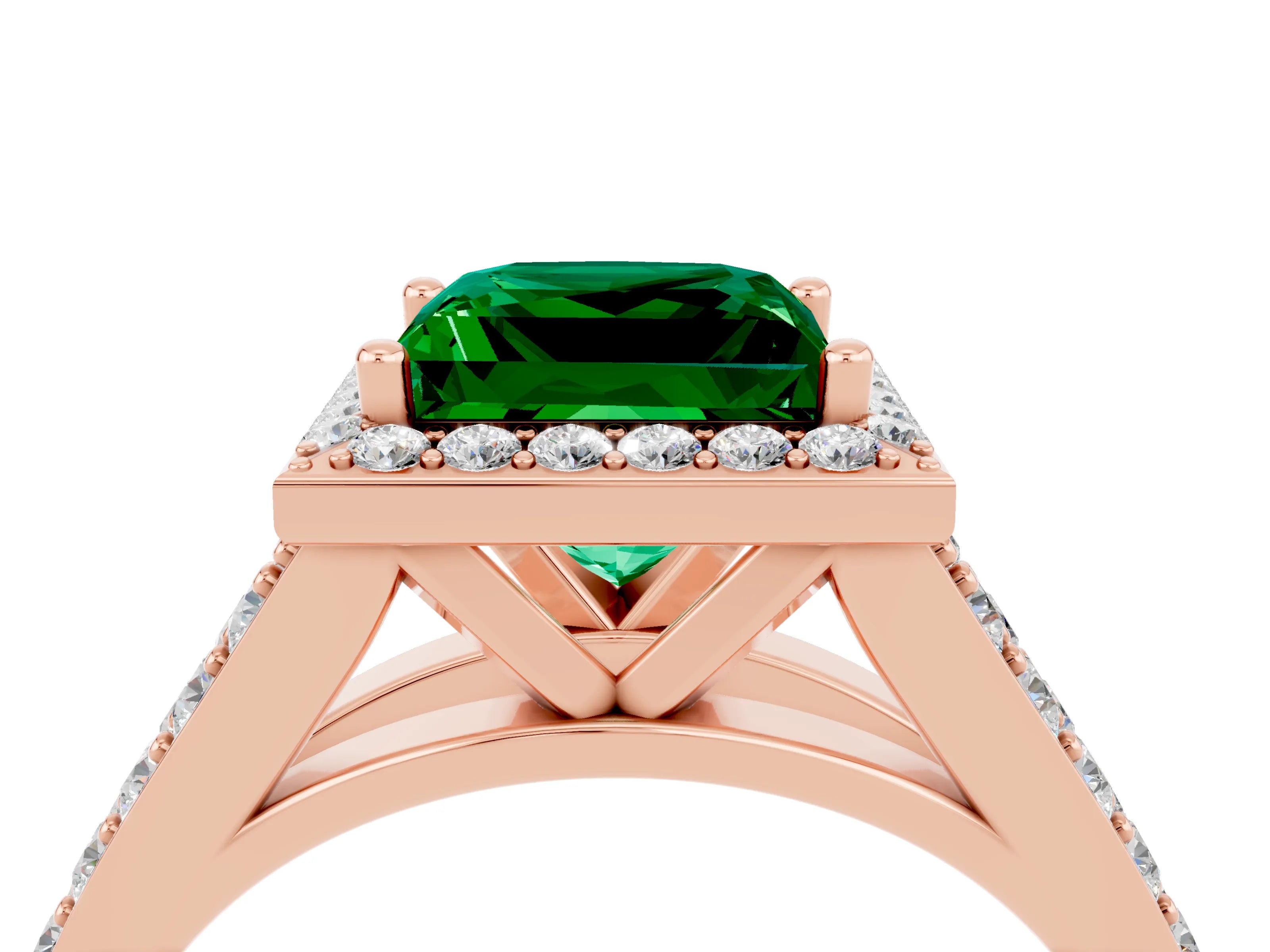 Rose gold Princess Cut Emerald Split Shank Halo Ring with Four-Prong Setting_16