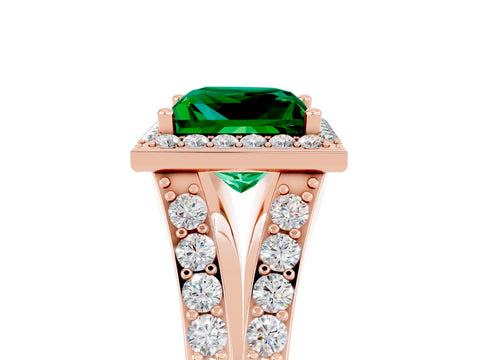 Rose gold Princess Cut Emerald Split Shank Halo Ring with Four-Prong Setting_17