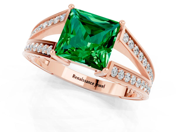 Rose gold Princess Cut Emerald Split Shank Ring with Pavé Band and Four-Prong Setting