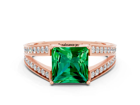 Rose gold Princess Cut Emerald Split Shank Ring with Pavé Band and Four-Prong Setting