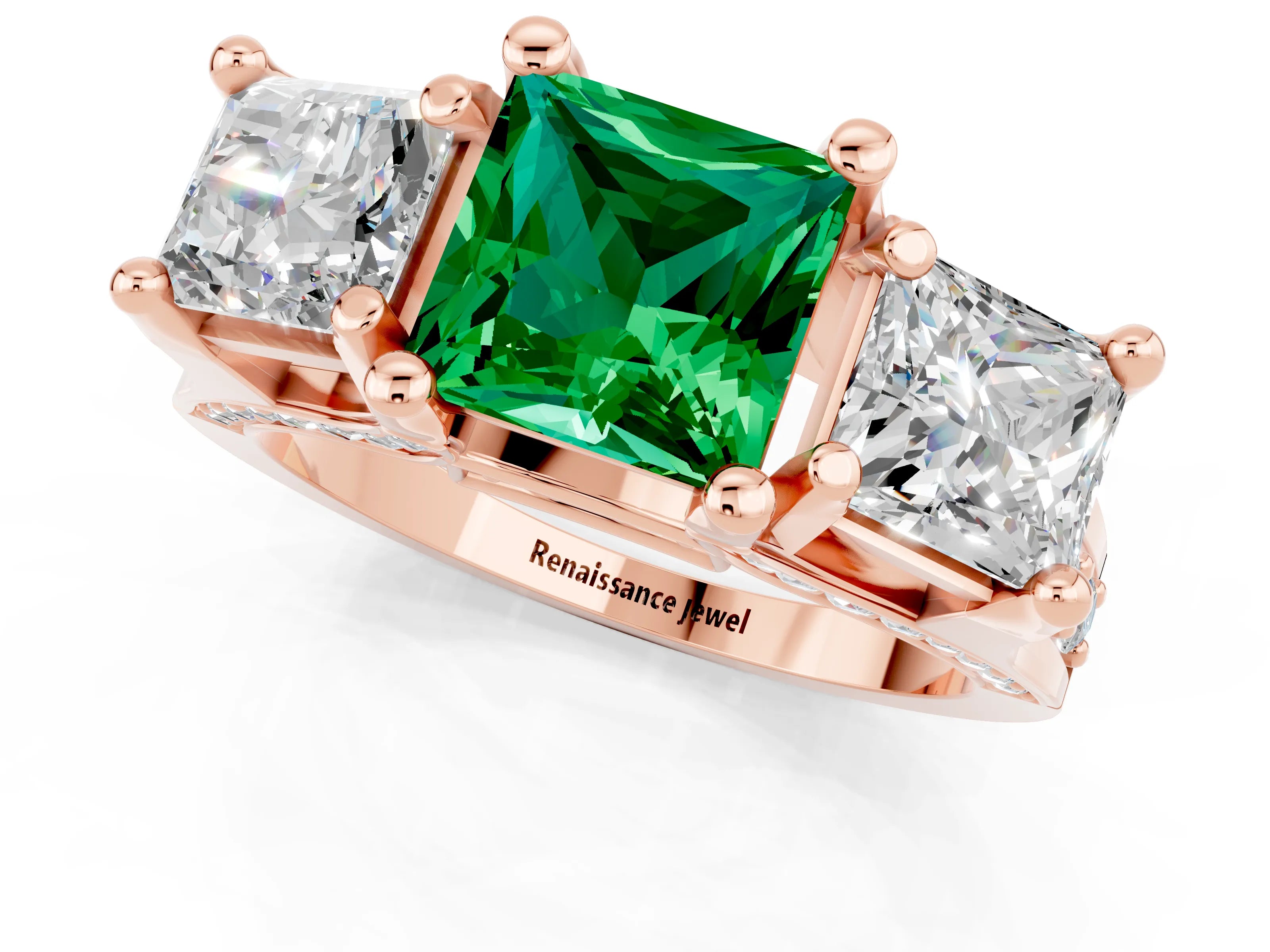Rose gold Princess Cut Emerald Three-Stone Ring with Channel Set Band and Four-Prong Setting_1