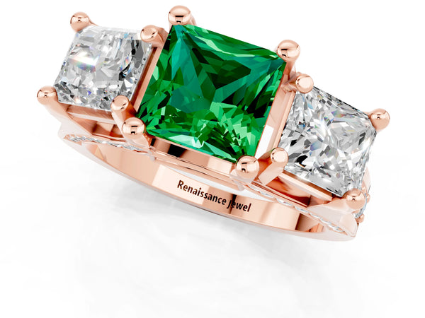 Rose gold Princess Cut Emerald Three-Stone Ring with Channel Set Band and Four-Prong Setting
