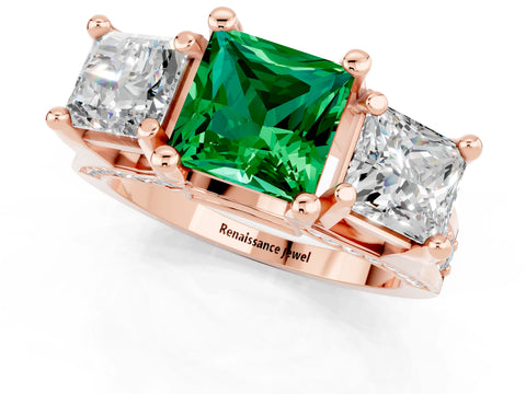 Rose gold Princess Cut Emerald Three-Stone Ring with Channel Set Band and Four-Prong Setting_1