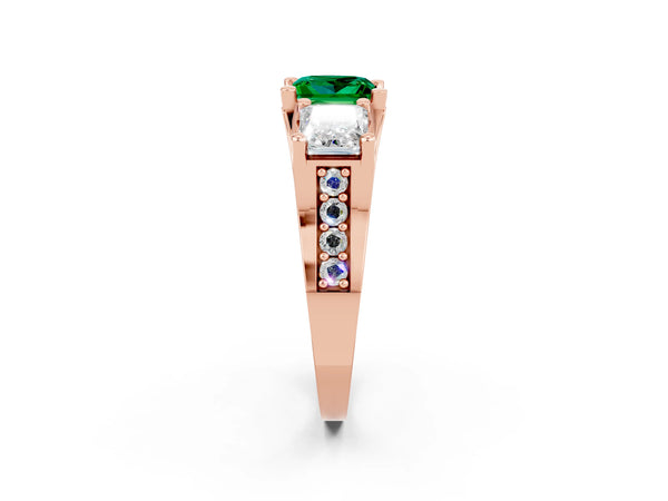 Rose gold Princess Cut Emerald Three-Stone Ring with Channel Set Band and Four-Prong Setting