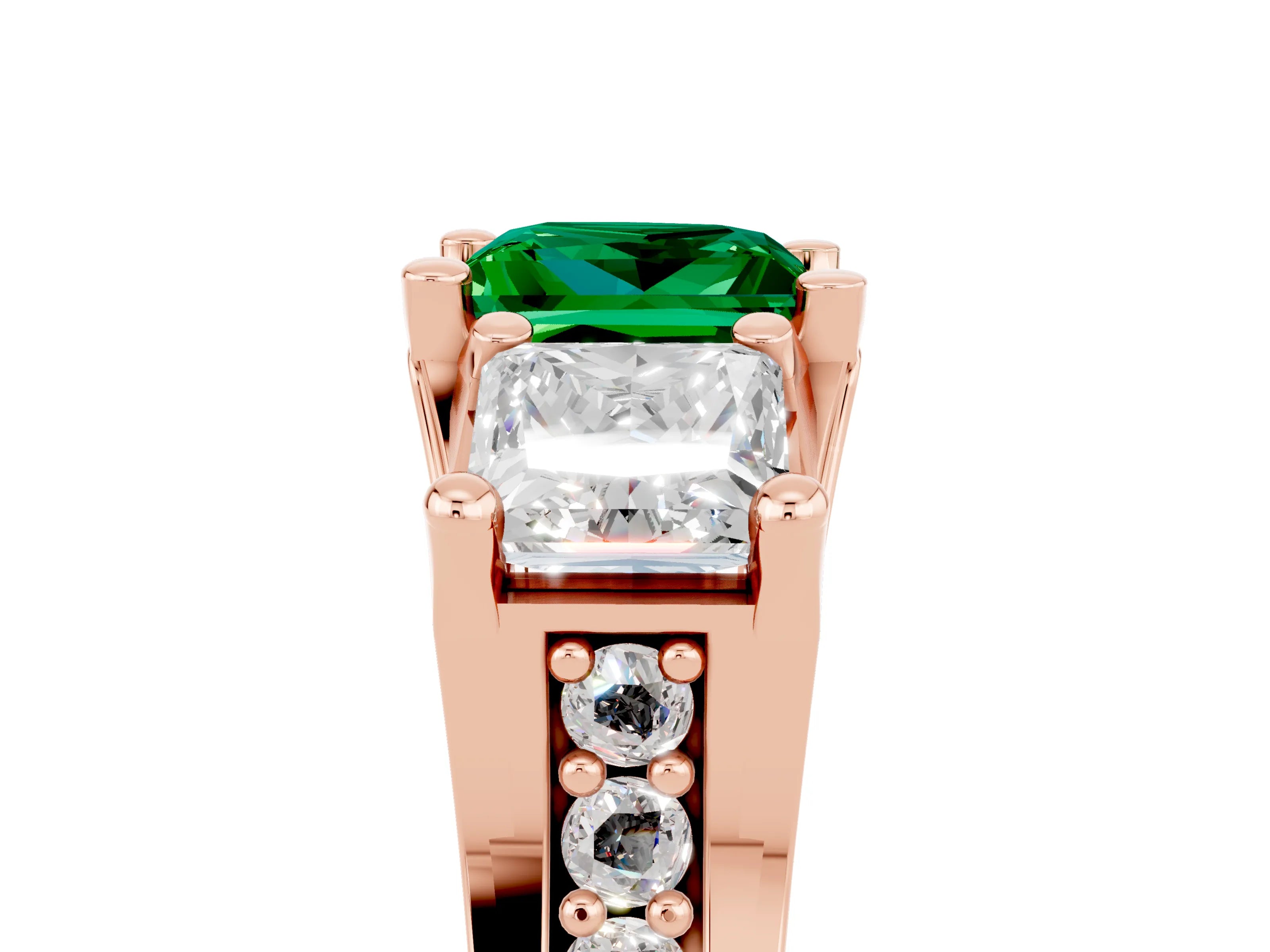 Rose gold Princess Cut Emerald Three-Stone Ring with Channel Set Band and Four-Prong Setting_5