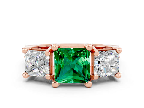 Rose gold Princess Cut Emerald Three-Stone Ring with Channel Set Band and Four-Prong Setting