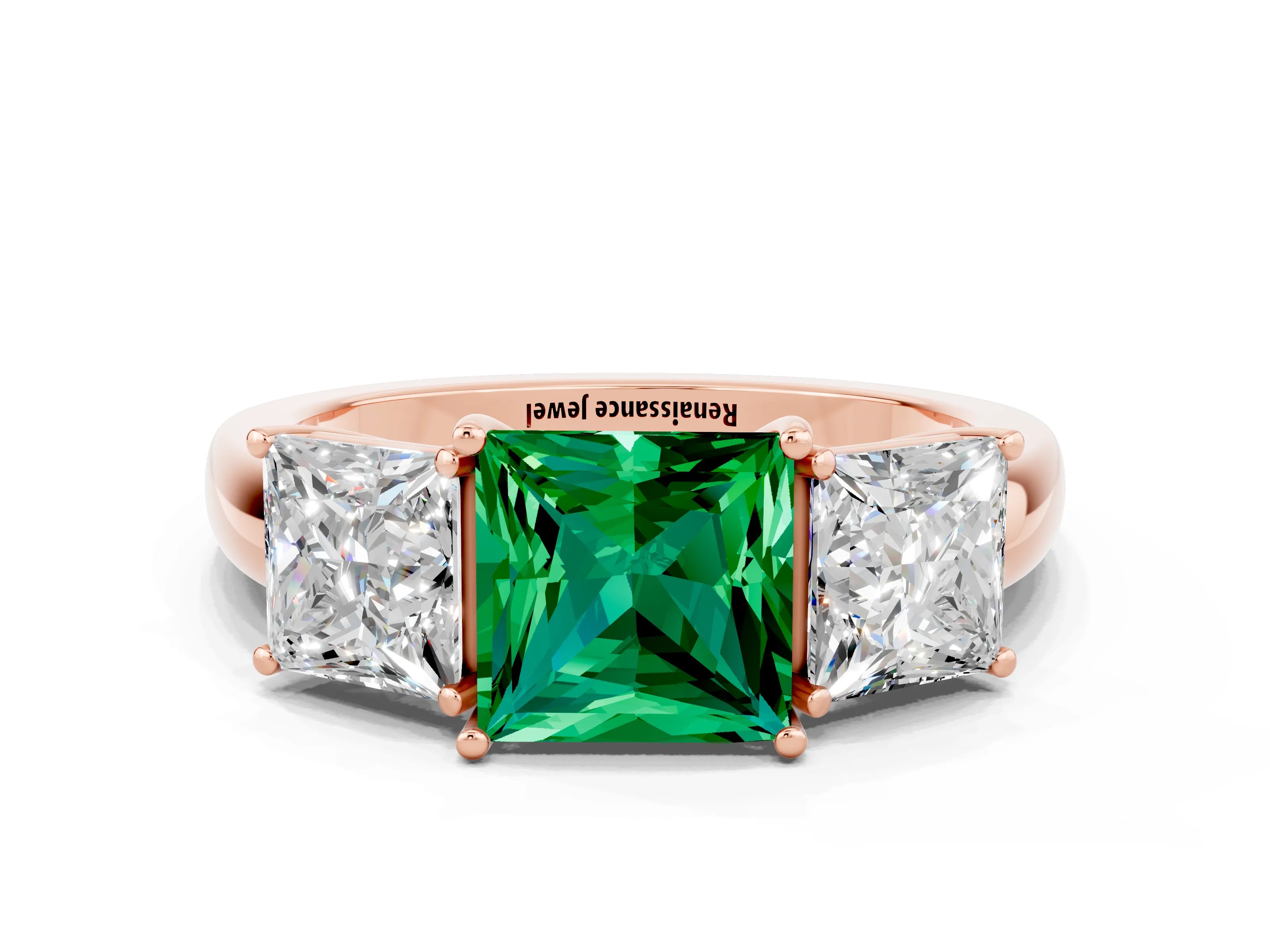 Rose gold Princess Cut Emerald Three-Stone Ring with Four-Prong Setting and Classic Band