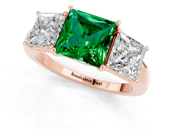 Rose gold Princess Cut Emerald Three-Stone Ring with Four-Prong Setting and Classic Band