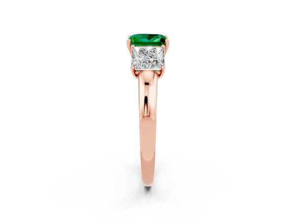 Rose gold Princess Cut Emerald Three-Stone Ring with Four-Prong Setting and Classic Band