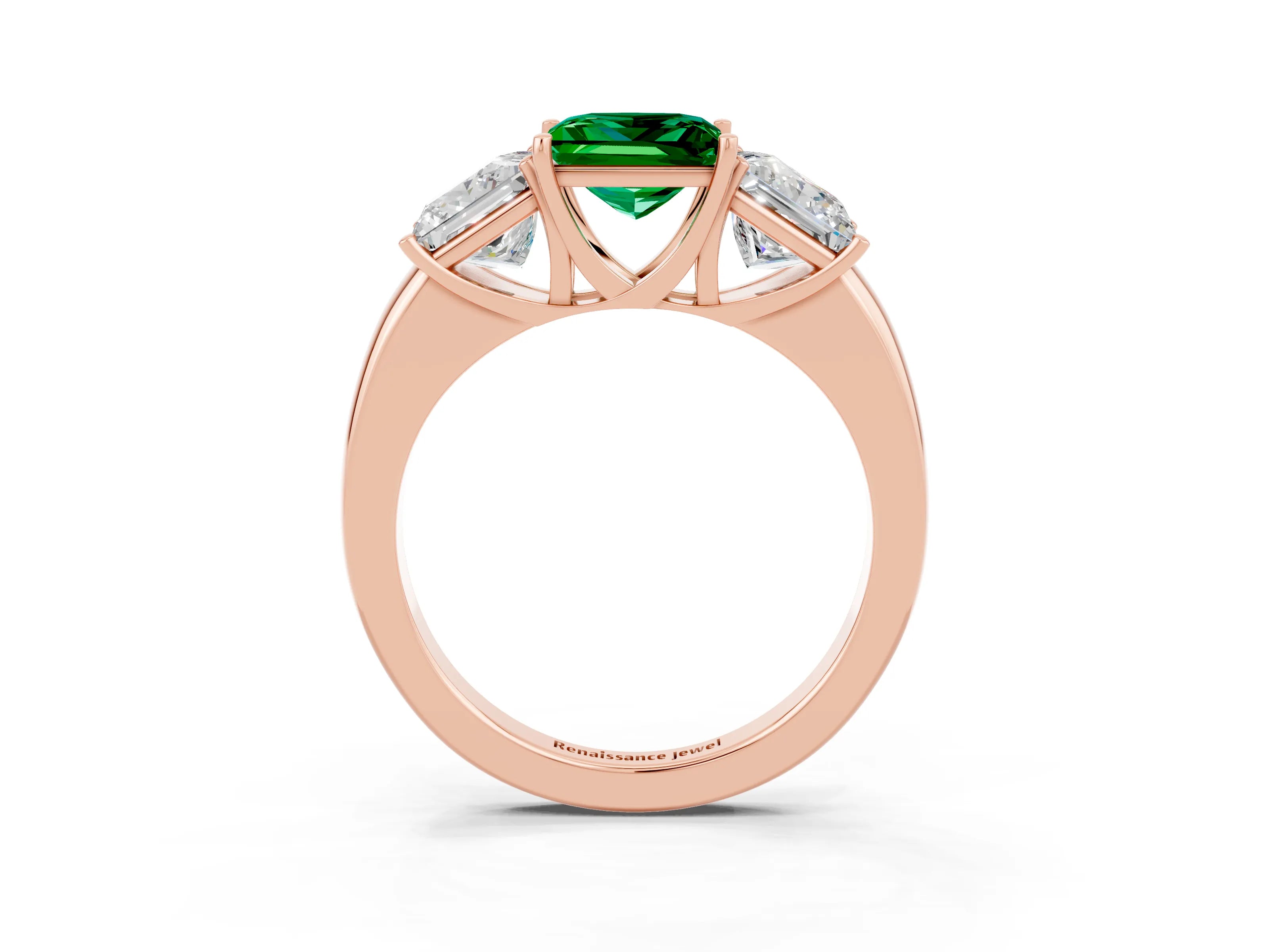 Rose gold Princess Cut Emerald Three-Stone Ring with Four-Prong Setting and Classic Band_3