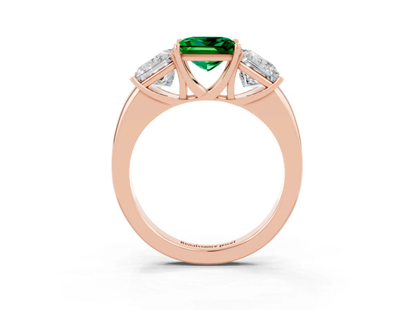 Rose gold Princess Cut Emerald Three-Stone Ring with Four-Prong Setting and Classic Band