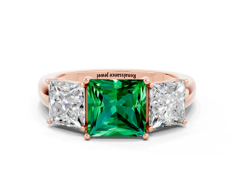 Rose gold Princess Cut Emerald Three-Stone Ring with Four-Prong Setting and Classic Band