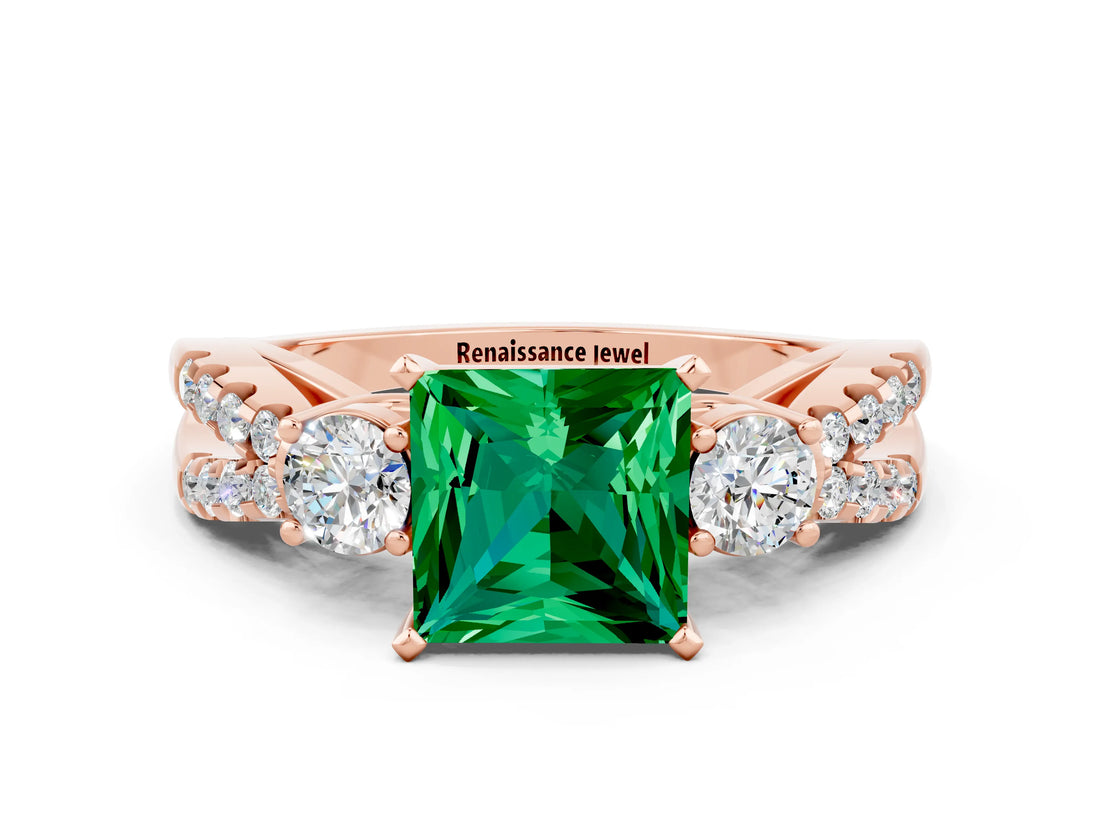 Rose gold Princess Cut Emerald Three-Stone Ring with Pavé Split Shank and Four-Prong Setting