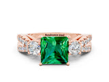 Rose gold Princess Cut Emerald Three-Stone Ring with Pavé Split Shank and Four-Prong Setting
