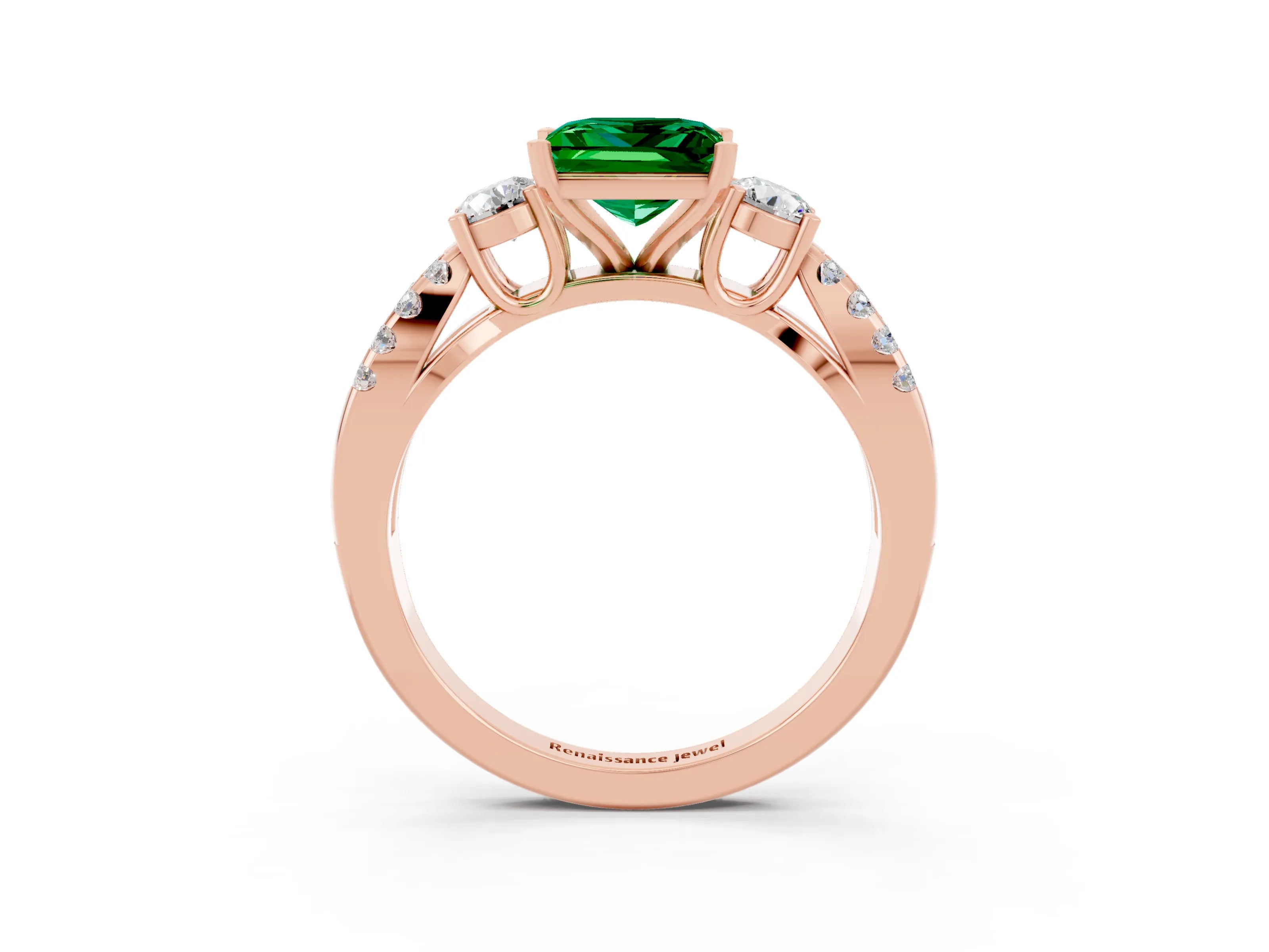 Rose gold Princess Cut Emerald Three-Stone Ring with Pavé Split Shank and Four-Prong Setting_3