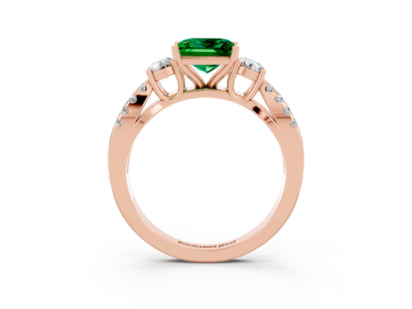 Rose gold Princess Cut Emerald Three-Stone Ring with Pavé Split Shank and Four-Prong Setting