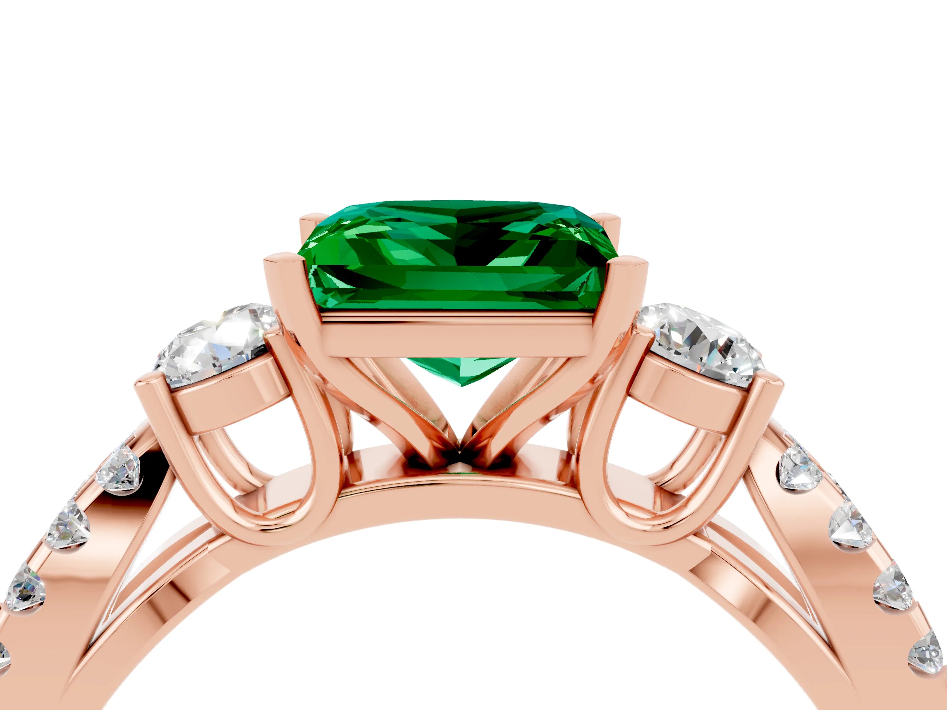 Rose gold Princess Cut Emerald Three-Stone Ring with Pavé Split Shank and Four-Prong Setting_4