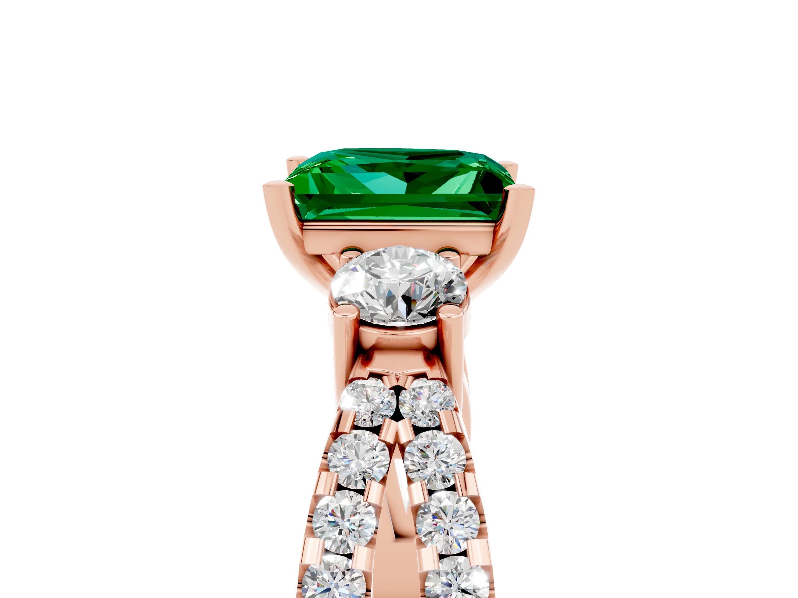 Rose gold Princess Cut Emerald Three-Stone Ring with Pavé Split Shank and Four-Prong Setting_5