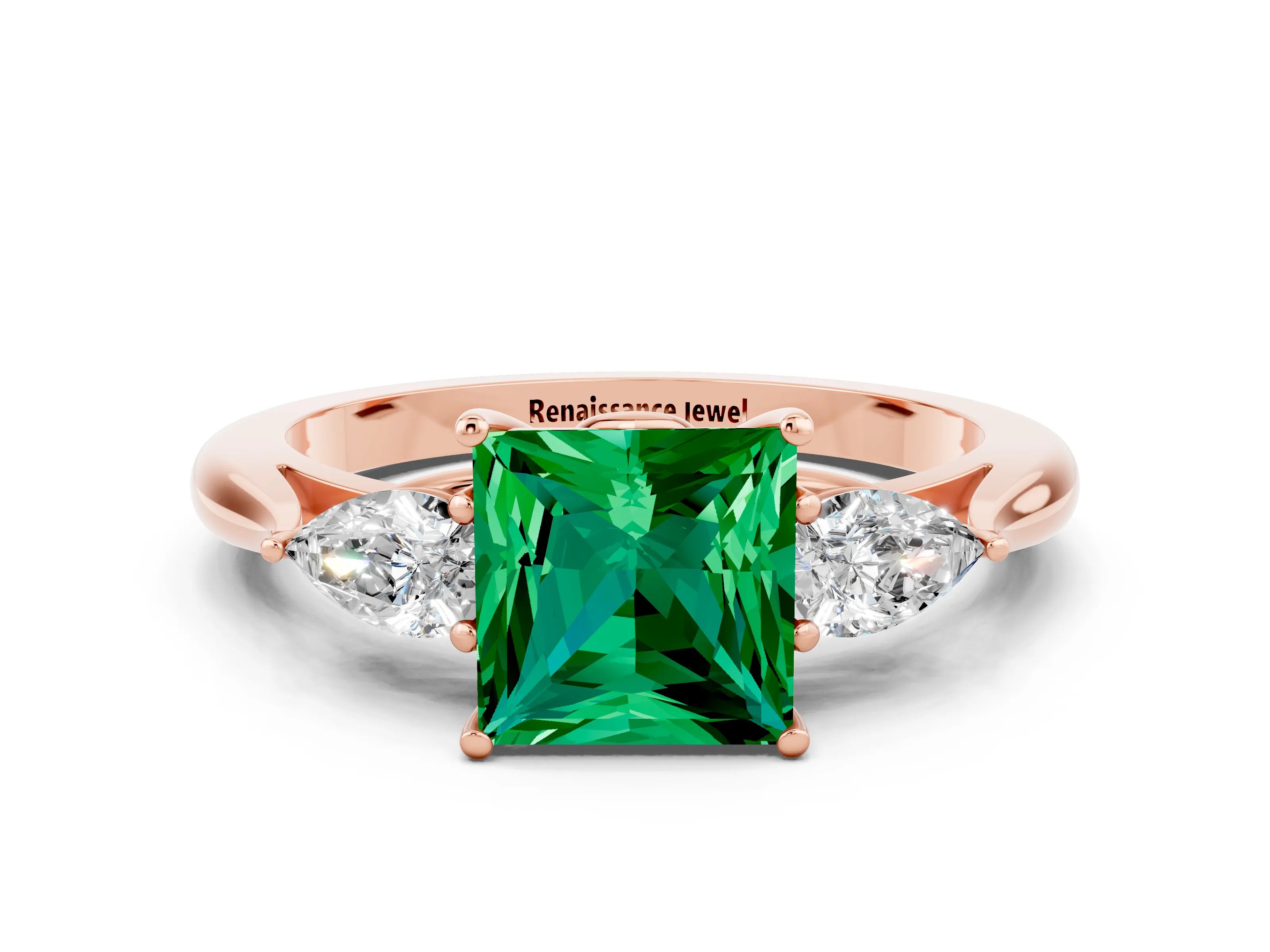 Rose gold Princess Cut Emerald Three-Stone Ring with Pear Side Stones and Four-Prong Setting_12