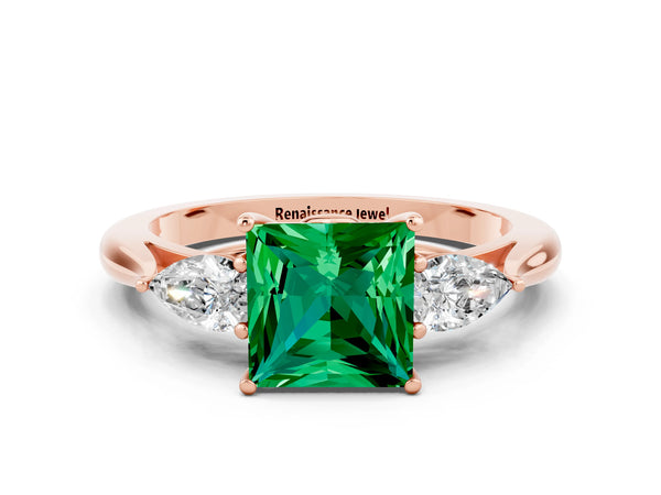 Rose gold Princess Cut Emerald Three-Stone Ring with Pear  Side Stones and Prong Setting
