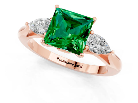 Rose gold Princess Cut Emerald Three-Stone Ring with Pear Side Stones and Four-Prong Setting_13