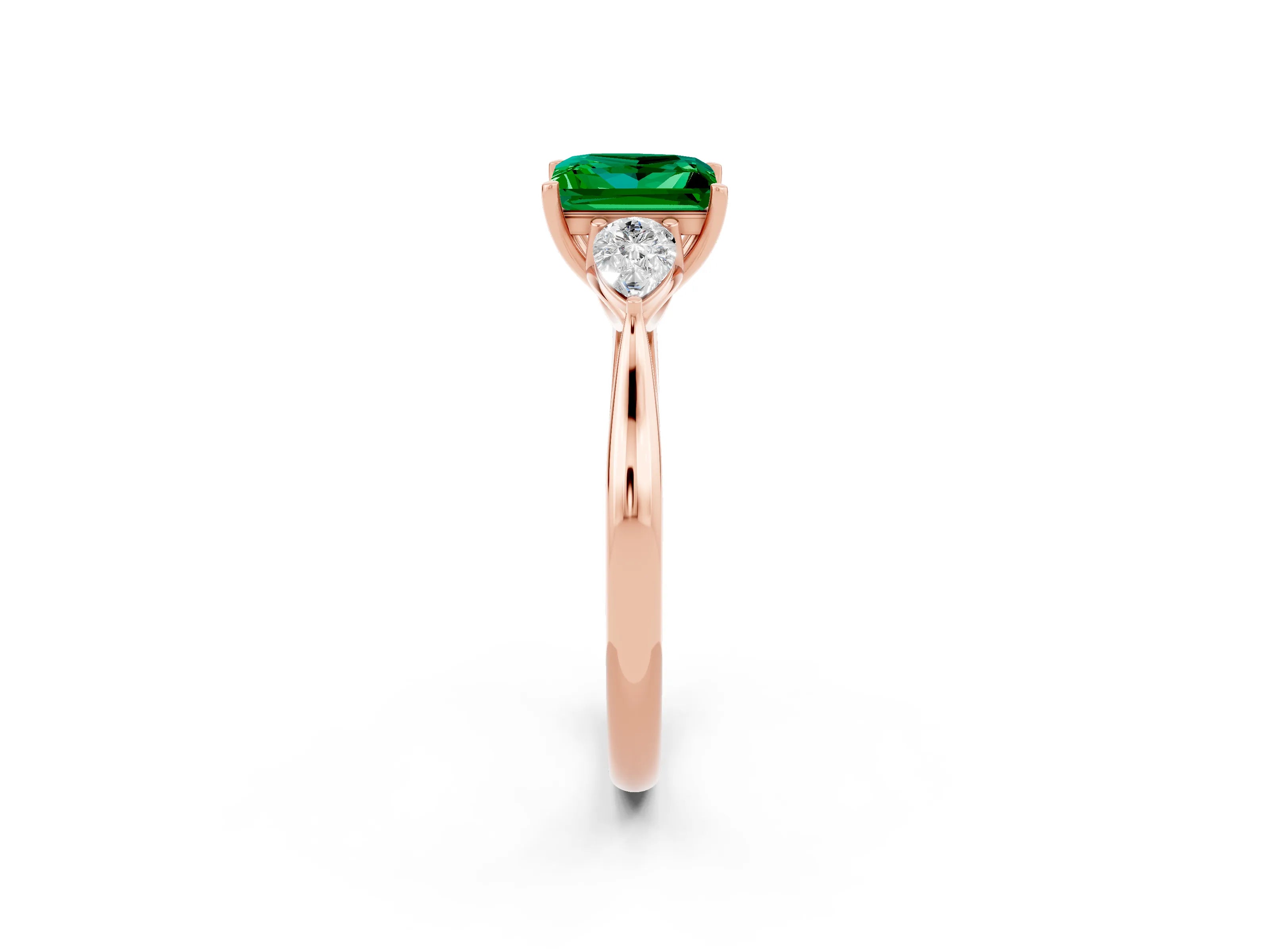 Rose gold Princess Cut Emerald Three-Stone Ring with Pear Side Stones and Four-Prong Setting_14