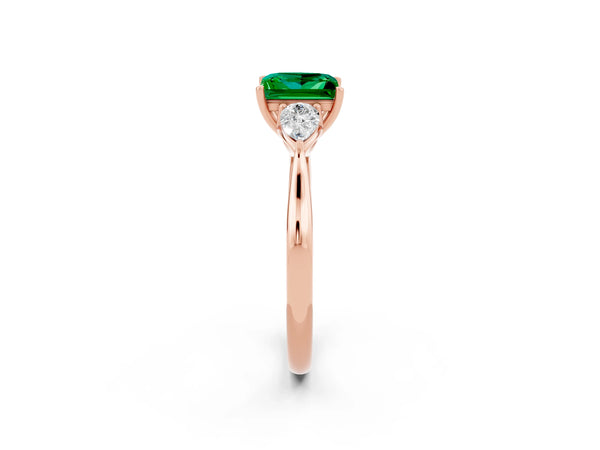 Rose gold Princess Cut Emerald Three-Stone Ring with Pear  Side Stones and Prong Setting