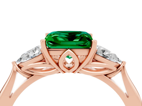Rose gold Princess Cut Emerald Three-Stone Ring with Pear Side Stones and Four-Prong Setting_16