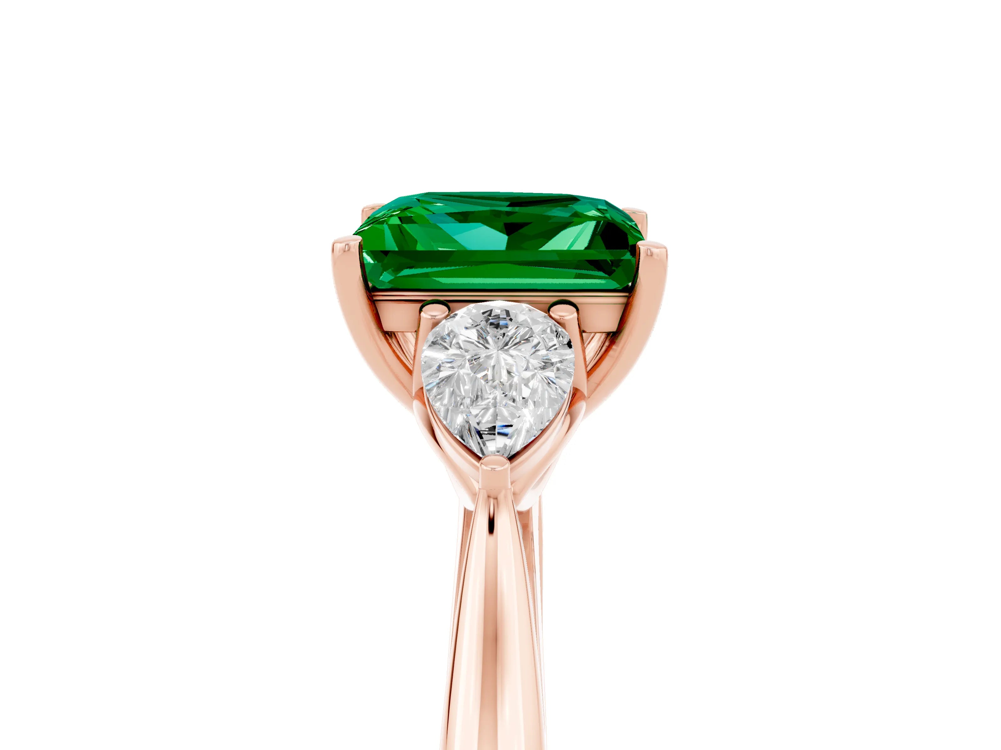 Rose gold Princess Cut Emerald Three-Stone Ring with Pear Side Stones and Four-Prong Setting_17