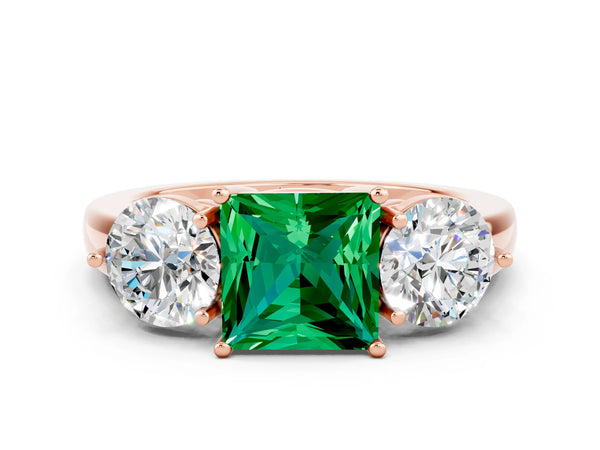 Rose gold Princess Cut Emerald Three-Stone Ring with Prong Setting and Classic Band