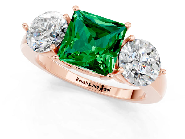 Rose gold Princess Cut Emerald Three-Stone Ring with Prong Setting and Classic Band