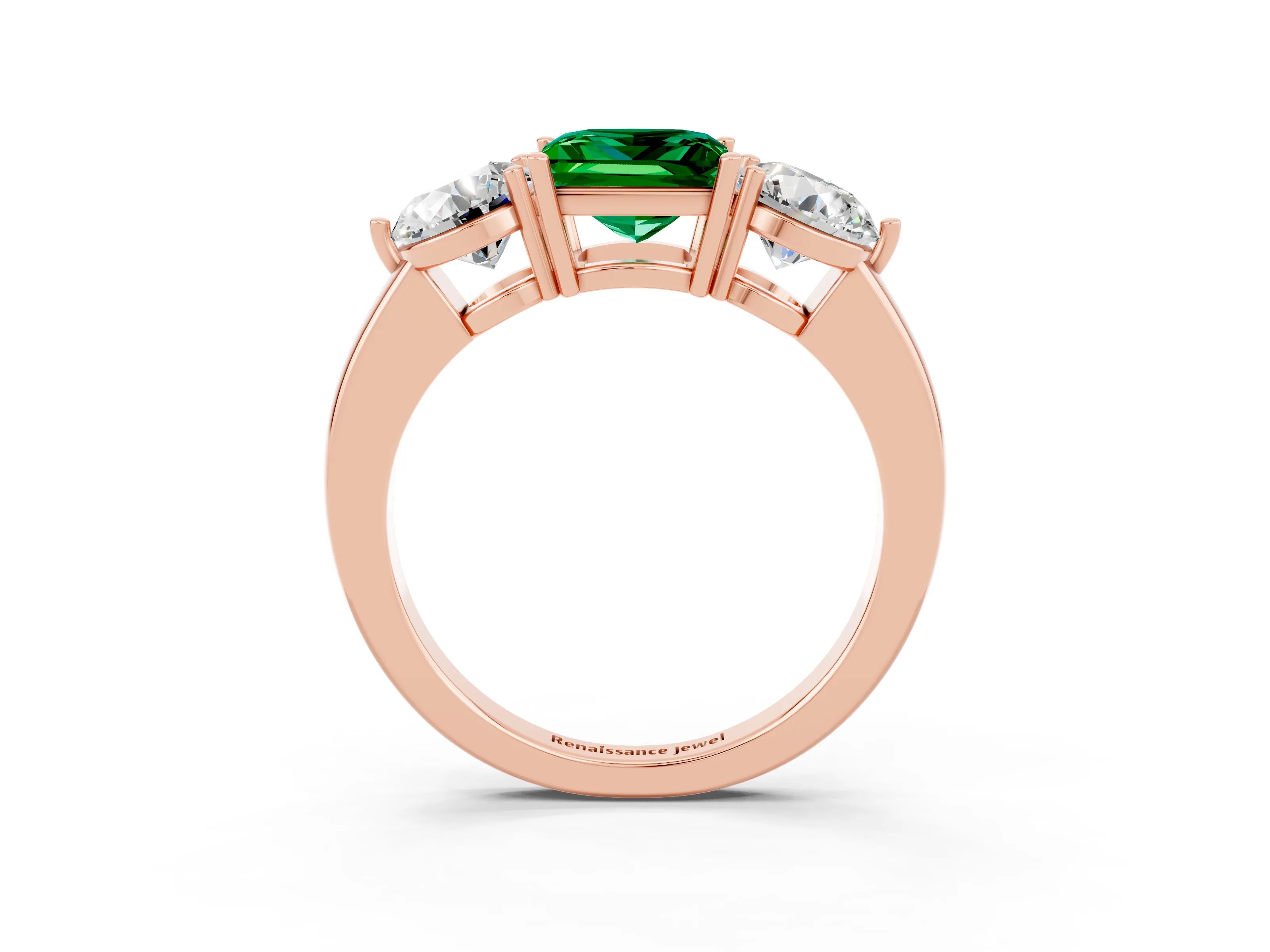 Rose gold Princess Cut Emerald Three-Stone Ring with Prong Setting and Classic Band_3