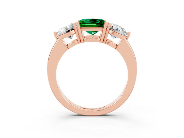 Rose gold Princess Cut Emerald Three-Stone Ring with Prong Setting and Classic Band