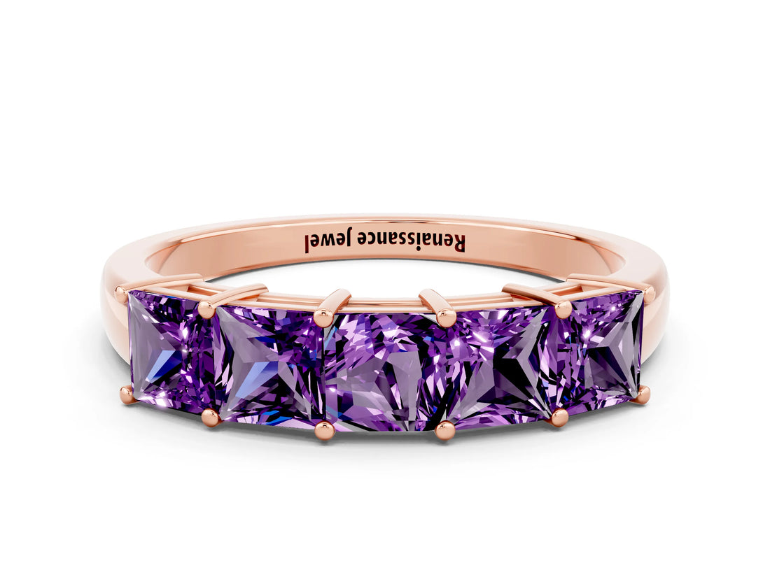 Rose gold Princess Cut Five-Stone Amethyst Band with Prong Setting_6