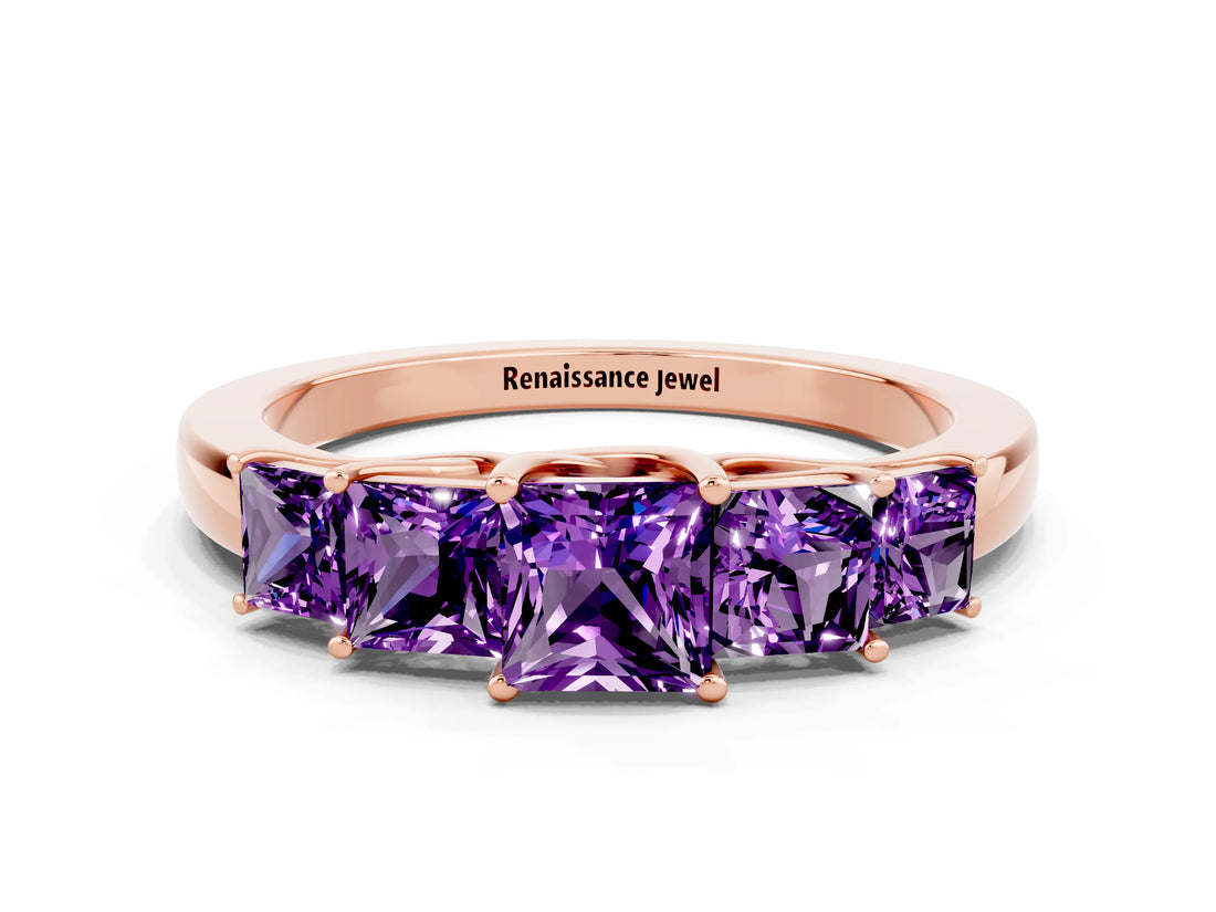 Rose gold Princess Cut Five-Stone Amethyst Ring with Classic Prong Setting_6