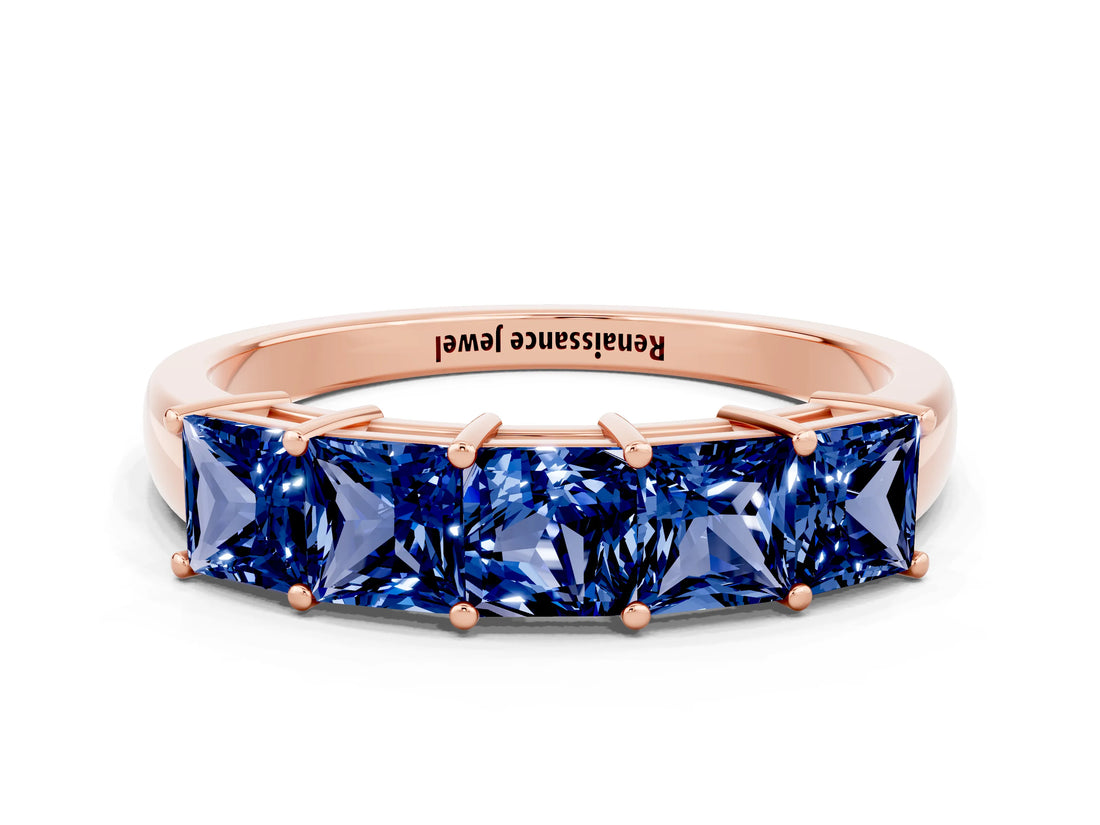 Rose gold Princess Cut Five-Stone Blue Sapphire Band with Prong Setting_6