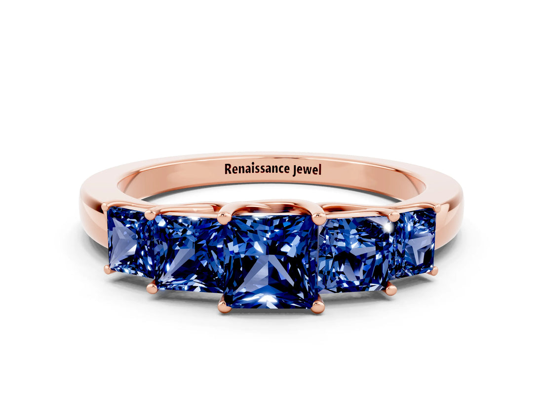 Rose gold Princess Cut Five-Stone Blue Sapphire Ring with Classic Prong Setting_6