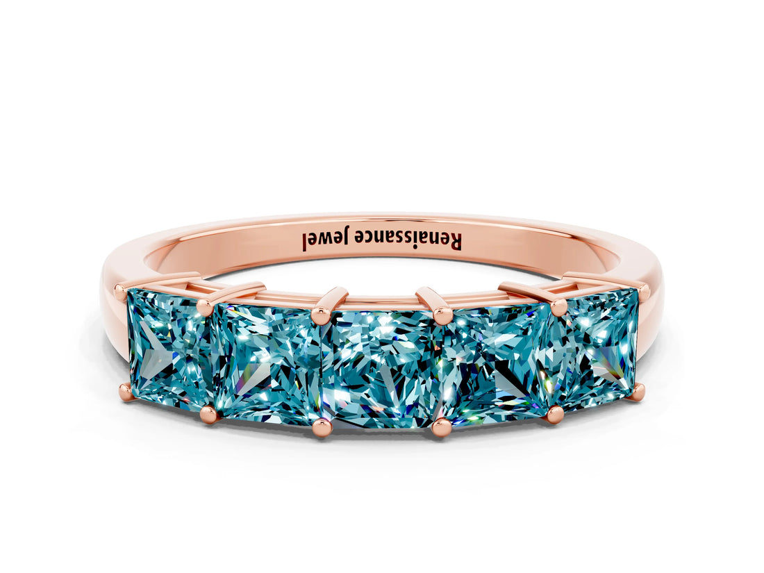 Rose gold Princess Cut Five-Stone Blue Topaz Band with Prong Setting_6